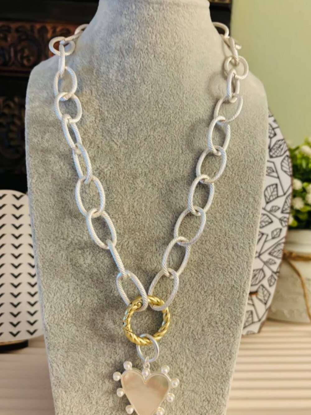 Matte Silver Chain Necklace with Mother of Pearl Heart Pendant and Gold Ring